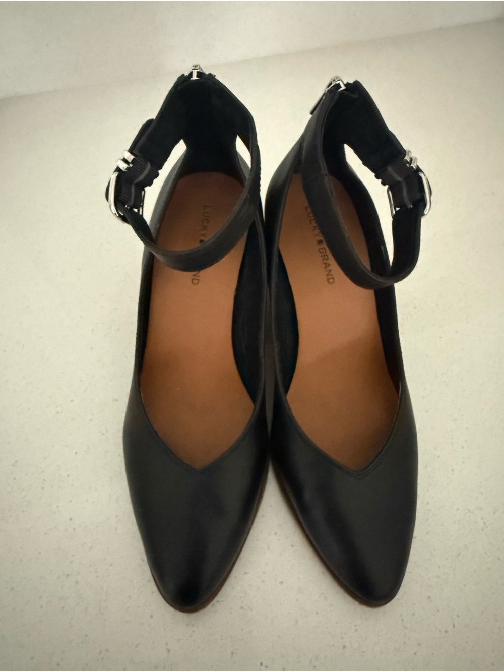 Lucky Brand Black Pointed Ankle-Strap Heels. Genuine Leather